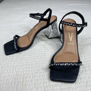 Vizzano Womens Black Futuristic Ankle Strap Silver Block Heel Sandals Size 10